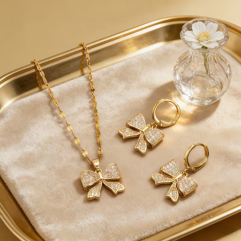 Bow Pendant Earrings And Necklace Set