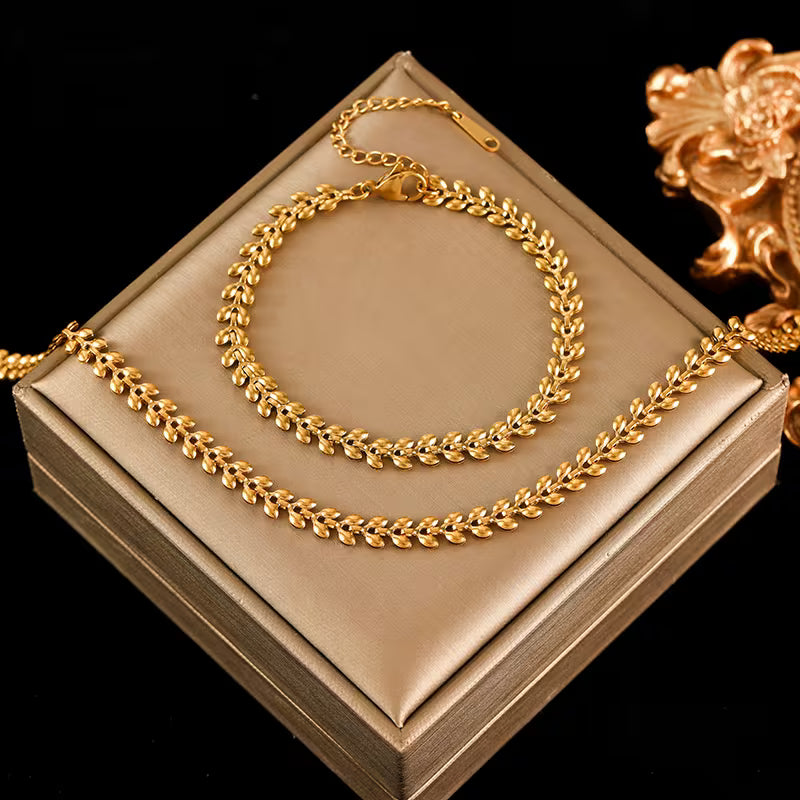 18K Gold Plated Wheat Chain Necklace &amp; Bracelet Set