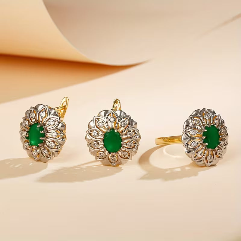 Green and Silver Zirconia Earrings and Ring Set