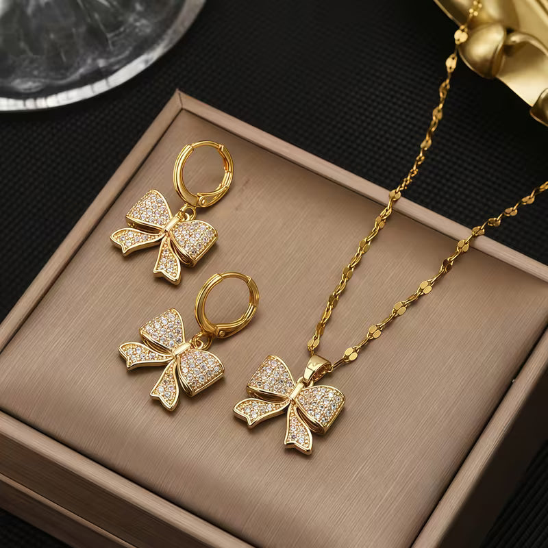 Bow Pendant Earrings And Necklace Set