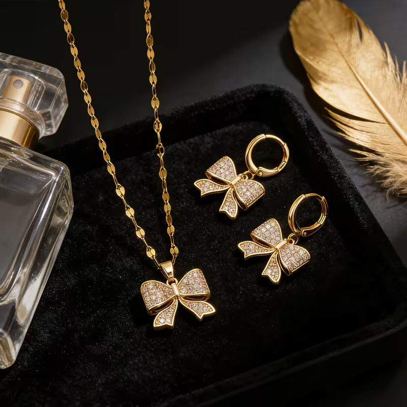 Bow Pendant Earrings And Necklace Set
