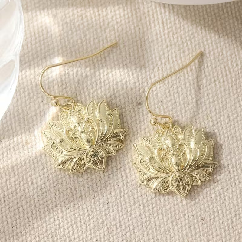 Vintage Lotus Flower Long Drop Earrings