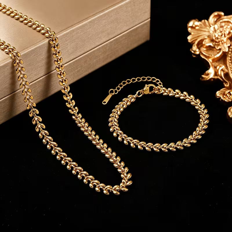 18K Gold Plated Wheat Chain Necklace &amp; Bracelet Set
