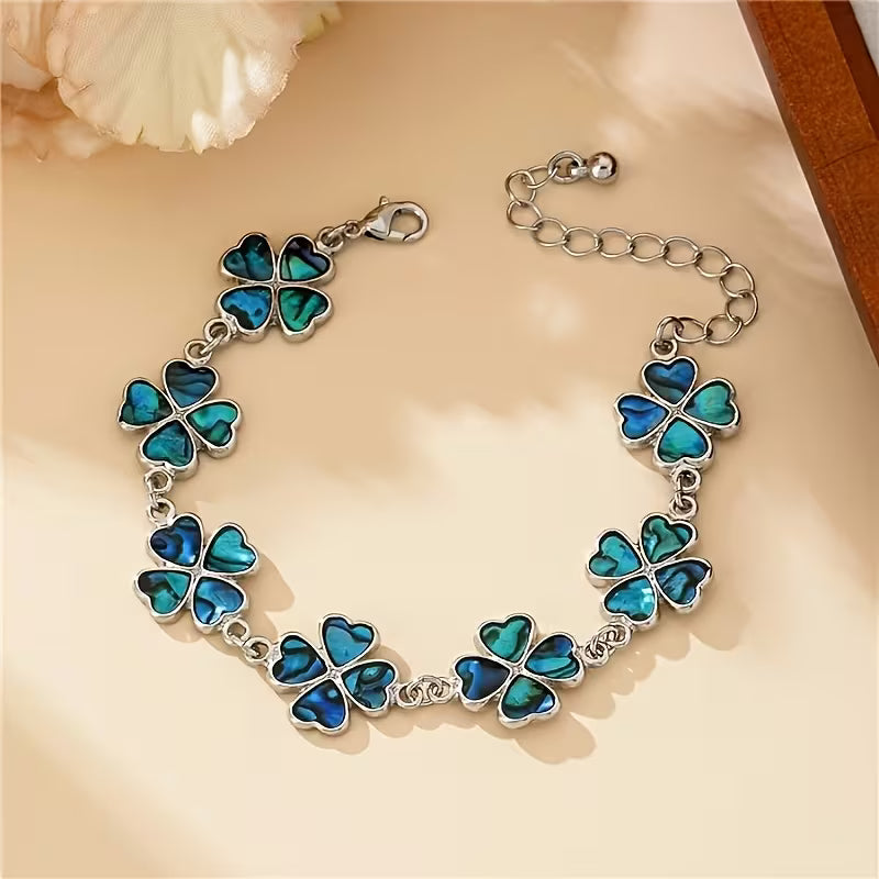 Sea blue inlaid abalone shell delicate four-leaf clover bracelet