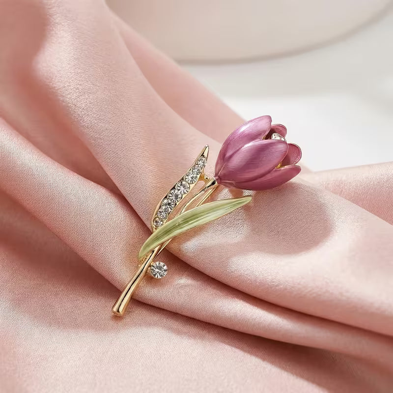 Crystal Pink Tulip Flower Brooch