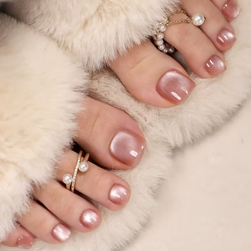 24pcs Short Square  Pink Cat Eye Press On Toe Nails