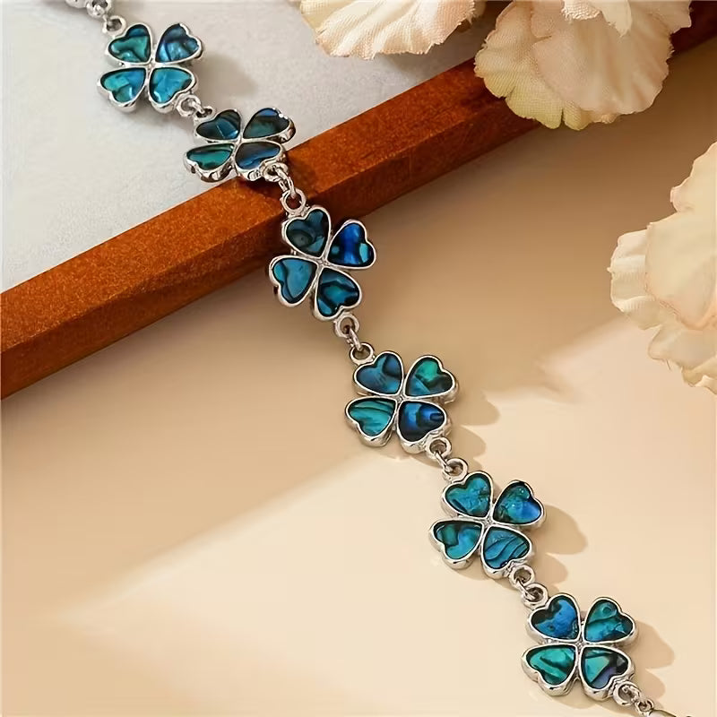 Sea blue inlaid abalone shell delicate four-leaf clover bracelet