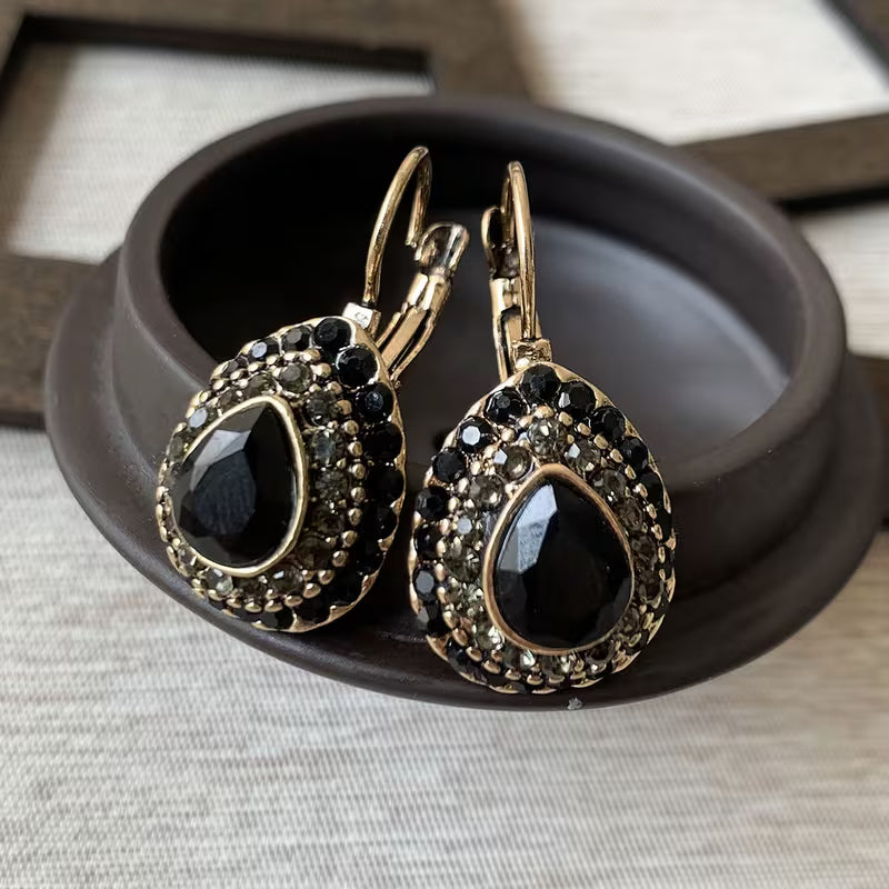 Vintage Artificial Turquoise Rhinestone Hook Earrings