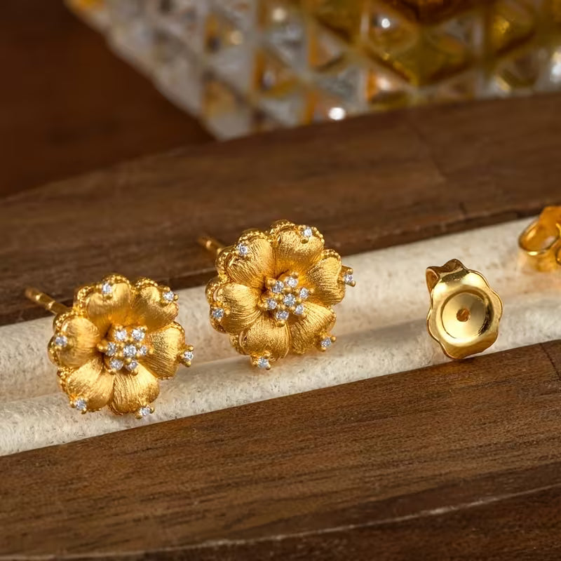 Satin-Finished Synthetic Zirconia Flower Stud Earrings