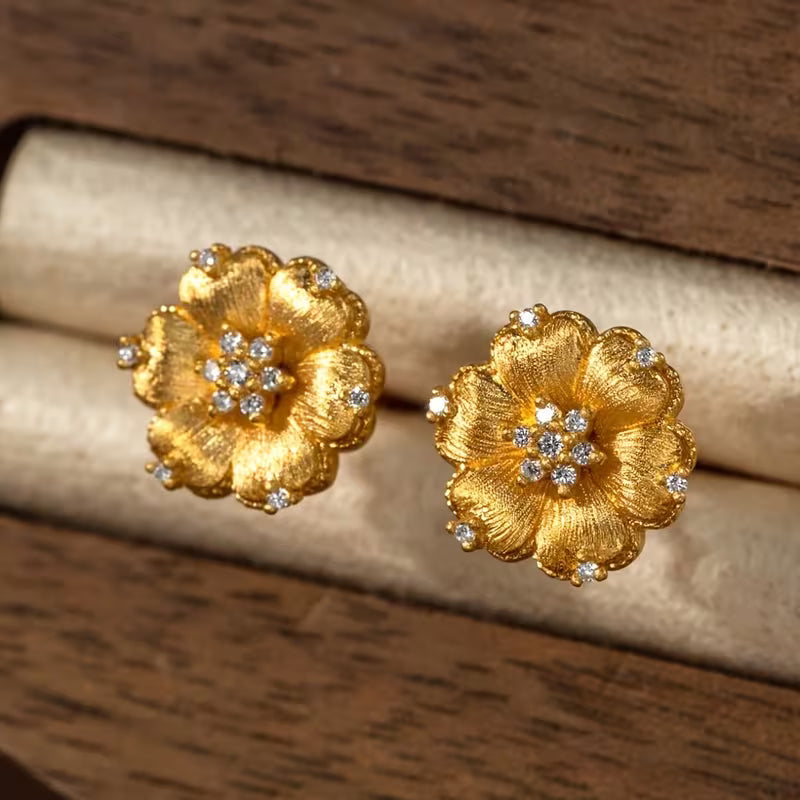 Satin-Finished Synthetic Zirconia Flower Stud Earrings