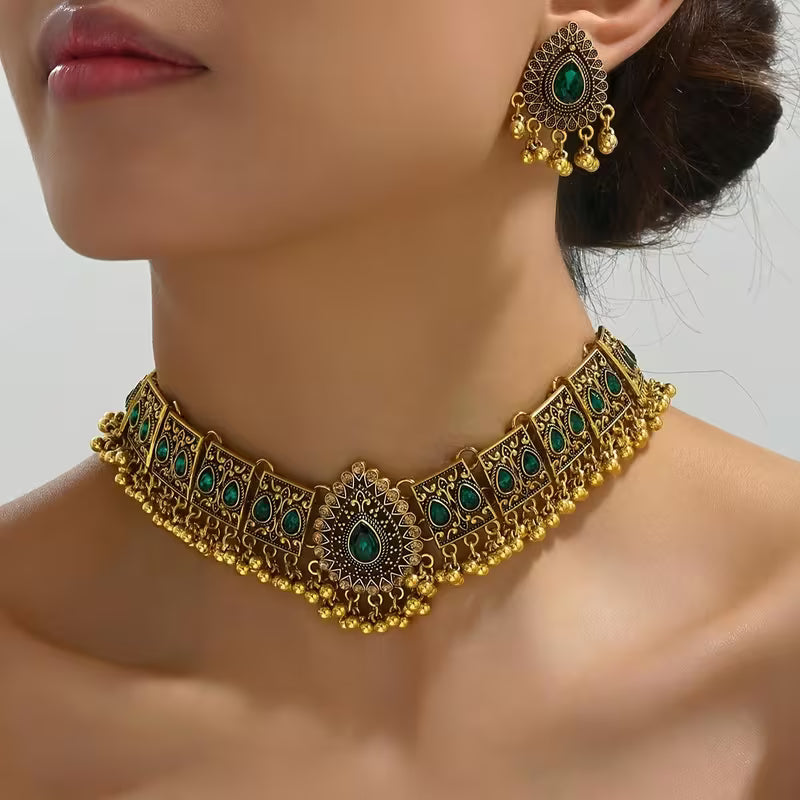 Set of Bohemian Peacock Tassel Earrings and Necklace