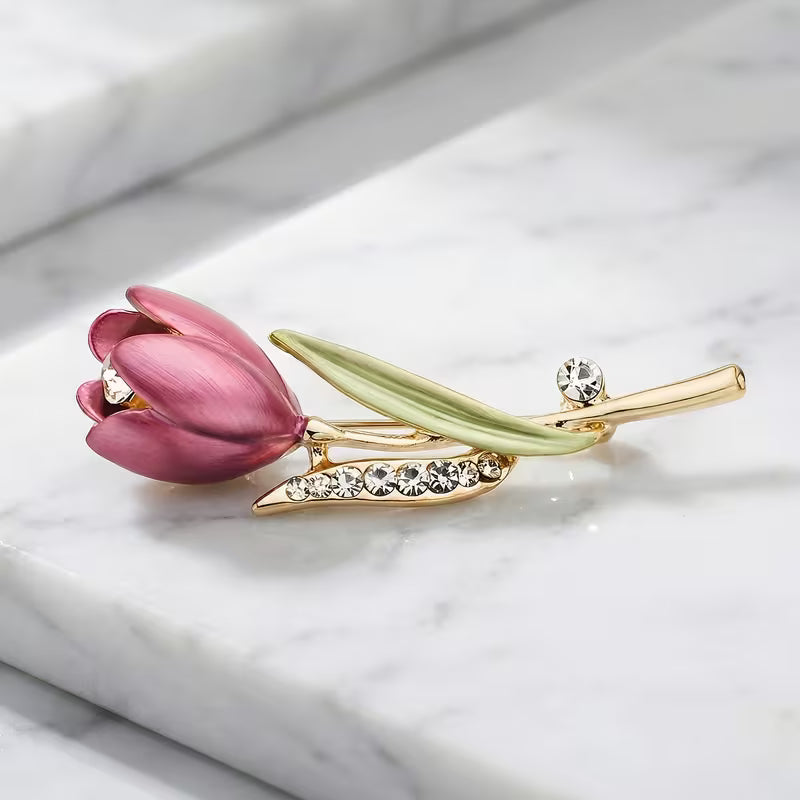 Crystal Pink Tulip Flower Brooch