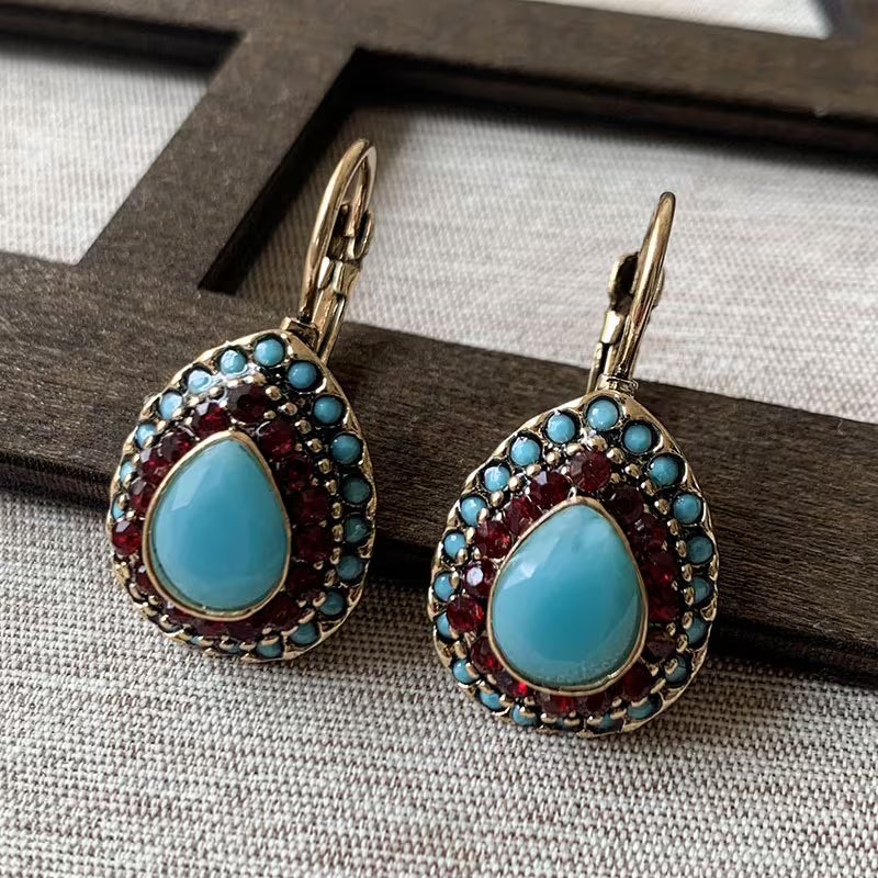 Vintage Artificial Turquoise Rhinestone Hook Earrings