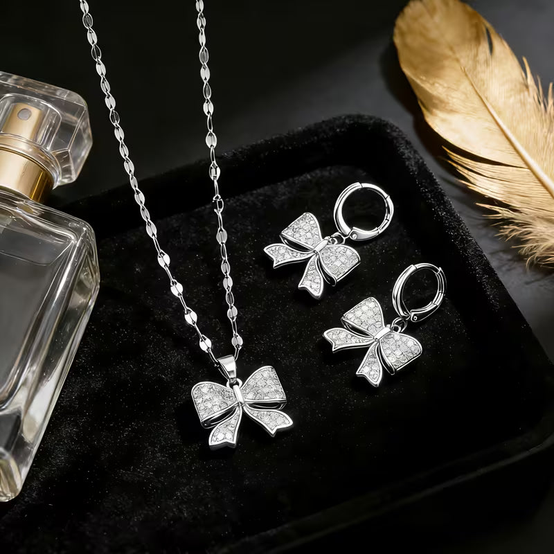 Bow Pendant Earrings And Necklace Set