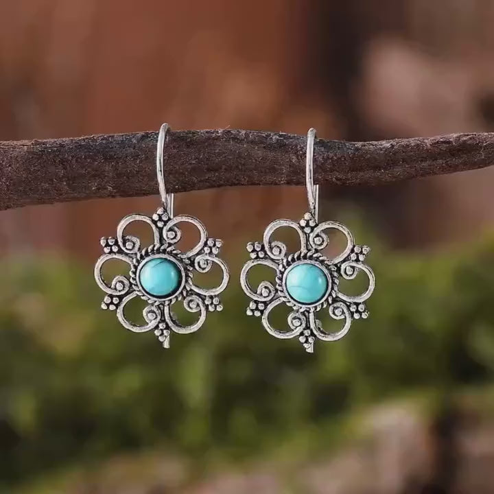 Vintage Creative Hollow-out Petal Inlaid Turquoise Earrings