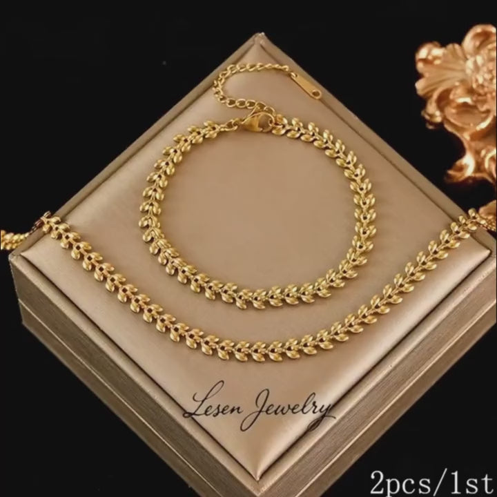 18K Gold Plated Wheat Chain Necklace &amp; Bracelet Set