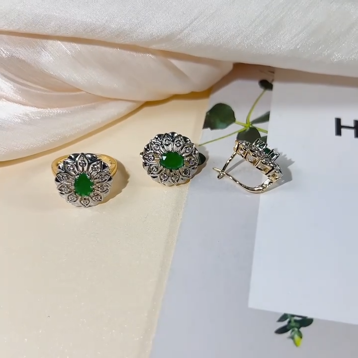 Green and Silver Zirconia Earrings and Ring Set